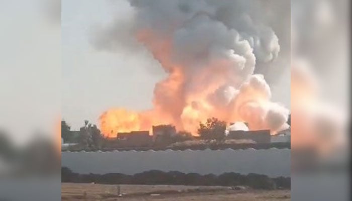 A screengrab from a video of the firework factory blast shows flames and smoke billowing into the sky. — X/@ChaudharyParvez