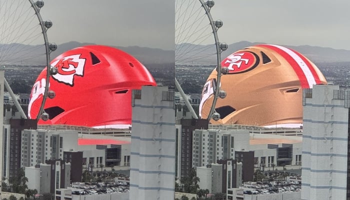 The Kansas City Chiefs (left) and San Francisco 49ers helmets are displayed on The Sphere ahead of the Super Bowl 2024 in Las Vegas, US on February 11, 2024. — X/@TomPelissero