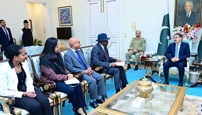 Chairperson of the Common Wealth Observer Group for General Election Dr Goodluck Ebele Jonathan along with the delegation calls on caretaker Prime Minister Anwaar-ul-Haq Kakar on February 6, 2024. — PID