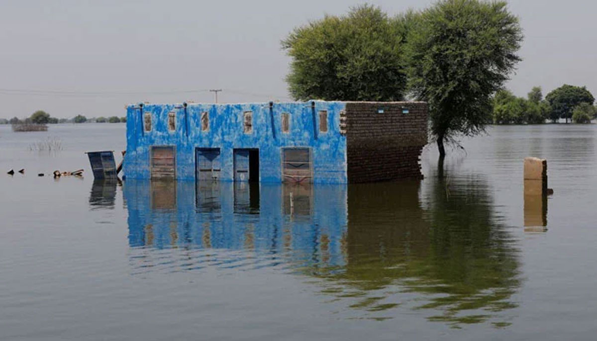 A view shows the ruins of a structure submerged in flood water, during the monsoon season in Talti town, Sehwan, on September 15, 2022. — Reuters