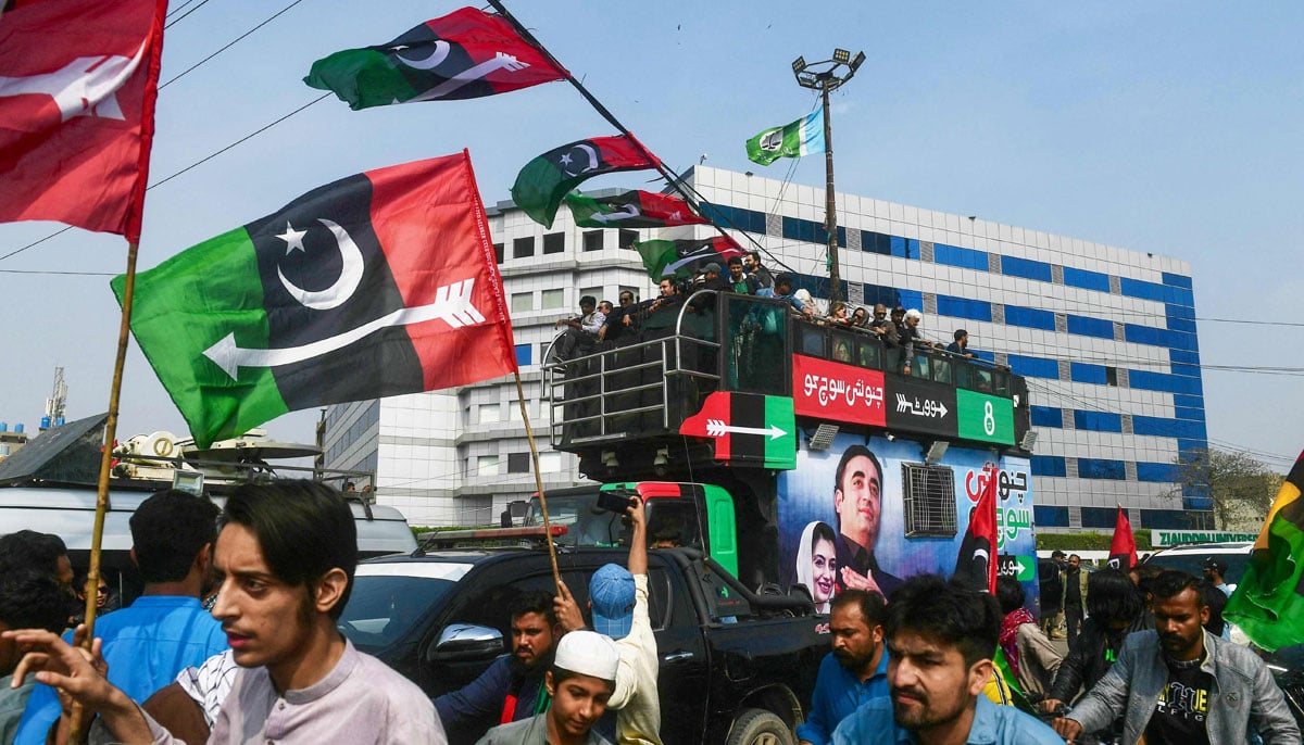 Pakistan Peoples Party chairman Bilawal Bhutto Zardari (top C) leads an election campaign rally in Karachi on February 5, 2024, ahead of the general elections. — AFP