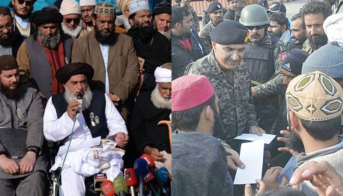 TLP founder Khadim Rizvi (left) speaks at a press conference and Director General of Pakistan Rangers, Punjab, Maj Gen Azhar Naveed distributes cash among the TLP activists so that they can meet travel expenses to back to their homes.—The News/Online