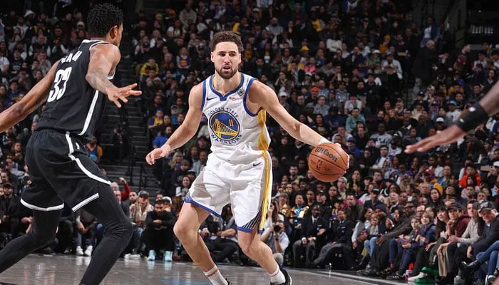Klay Thompson (11) of the Golden State Warriors dribbles the ball during a game against the Brooklyn Nets Feb. 5, 2024, at Barclays Center in Brooklyn. — Fox News