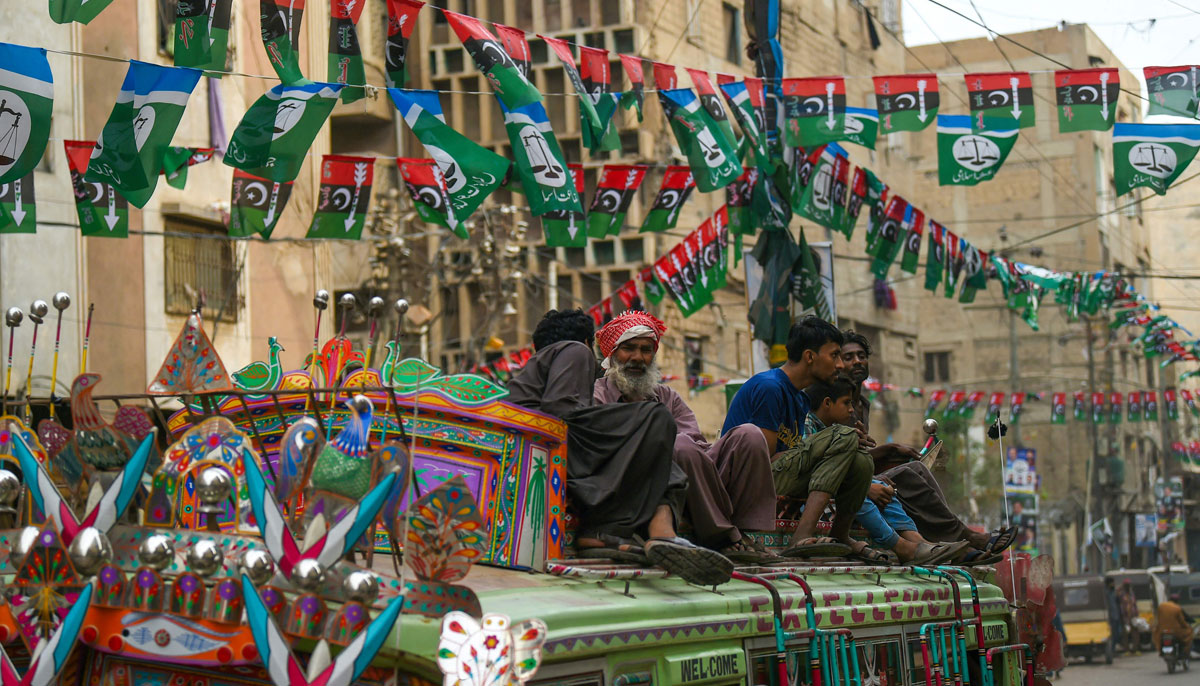 Pakistan People´s Party (PPP) flags are hung across a street in Karachi on February 2, 2024, ahead of the general elections. — AFP