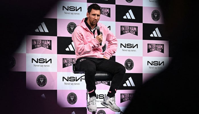 Inter Miamis Argentine forward Lionel Messi takes part in a press conference at a hotel in Tokyo on February 6, 2024, a day before their friendly football match against J-League side Vissel Kobe. — AFP