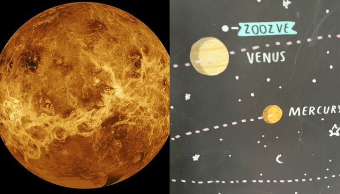 A view of Venus, as seen here by the Magellan spacecraft and the Pioneer Venus Orbiter (left) and an image of a poster showing Zoozve and Venus. —NASA/Latif Nasser