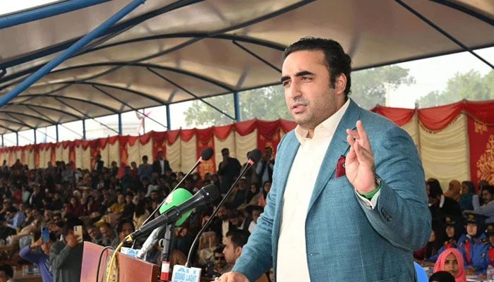 PPP Chairman Bilawal Bhutto-Zardari addresses the audience during the annual function of Bakhtawar Cadet College for Women on December 25, 2023. — Facebook/Pakistan Peoples Party - PPP