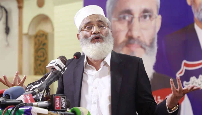 Jamaat-e-Islami (JI) Amir Sirajul Haq addresses a gathering on Dec 8, 2023. — Facebook/Jamaat -e- Islami Pakistan