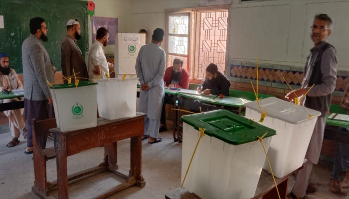 People can be seen in line to cast their votes in the 2024 general elections on February 8, 2024, in Karachi, Pakistan. — Geo.tv