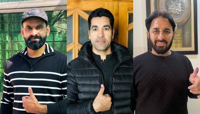 A collage of Pakistani cricketers, Muhammad Hafeez (left) Umar Gul (centre) and Saeed Ajmal (right) after casting their votes on February 8, 2024. — X/@MHafeez22/@Mkd_gul