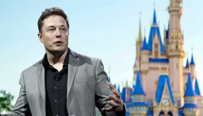 Elon Musk gestures during an event with the Disney castle as a backdrop. — Disney/File