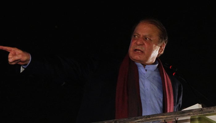 Former PM Nawaz Sharif addresses supporters upon his arrival from a self-imposed exile in London in Lahore, October 21, 2023. — Reuters