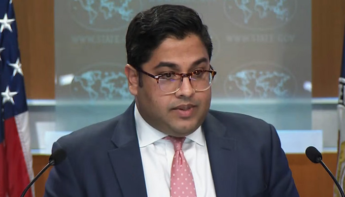 Vedant Patel, US Department of State’s principal deputy spokesperson, addressing a press conference in Washington, on February 8, 2024, in this still taken from a video. — Handout