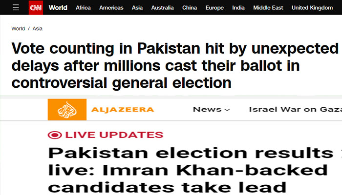 Pakistan Election 2024 headlines by Al Jazeera and CNN.