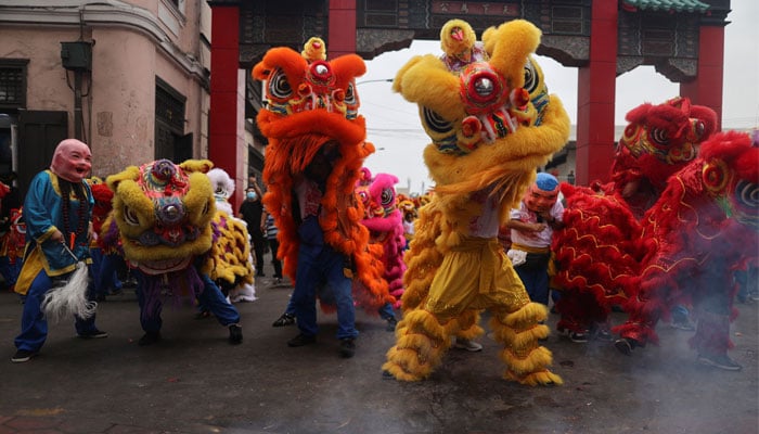People wearing dragon costumes perform in Chinatown for the celebration of the Chinese New Year, in Lima, Peru, on February 9, 2024. — AFP