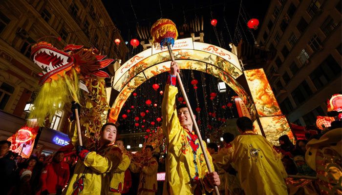 Dancers perform a dragon dance during the celebrations of the Chinese Lunar New Years Eve in Moscow, Russia February 9, 2024. — Reuters