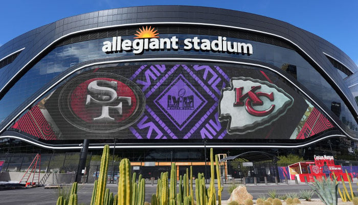 A general overall view of San Francisco 49ers and Kansas City Chiefs logos on the Allegiant Stadium facade in Las Vegas, Nevada, US on February 7, 2024. — Reuters