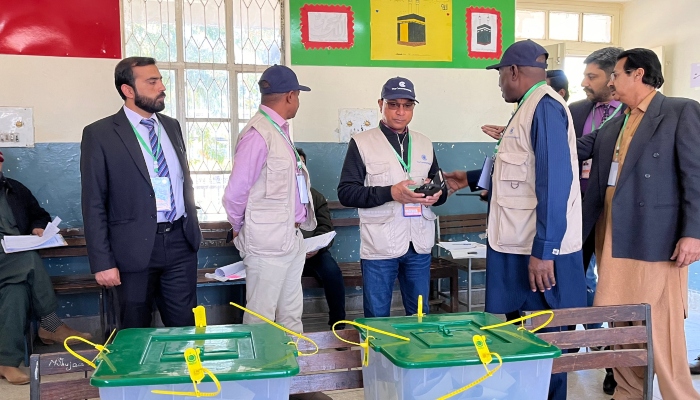 Chair of Commonwealth Observer Group (COG), former President of Nigeria, Dr Goodluck Ebele Jonathan along other members of COG is visiting a polling station in Islamabad on February 8, 2024. —thecommonwealth.org