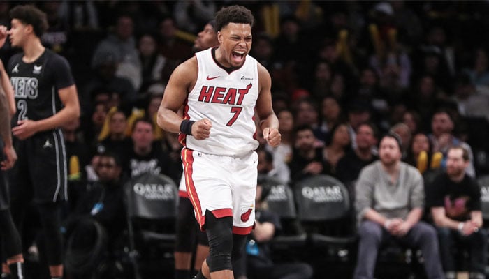 Miami Heat guard Kyle Lowry (7) reacts after scoring in the third quarter against the Brooklyn Nets at Barclays Center in Brooklyn, New York, US on January 15, 2024. — Reuters