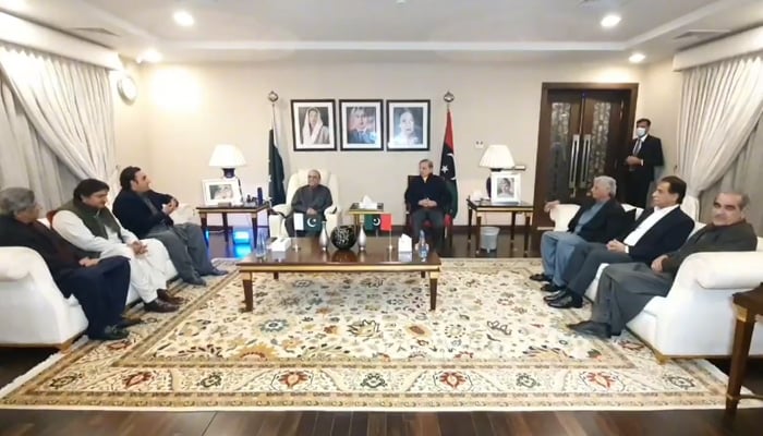 Top PPP and PML-N leadership meet in Lahore to discuss government formation, in this still taken from a video released on February 11, 2024. — PPP
