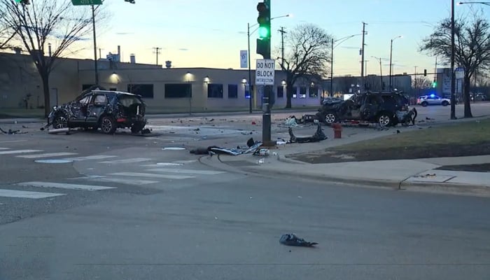 This still released on February 11, 2024, shows two damaged SUVs at the 4200 block of South Pulaski Road. — Fox 32 Chicago