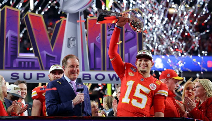 Kansas City Chiefs quarterback Patrick Mahomes celebrates with the Vince Lombardi Trophy after winning Super Bowl LVIII beating the San Francisco 49ers at Allegiant Stadium in Las Vegas, Nevada, US on February 11, 2024. — Reuters