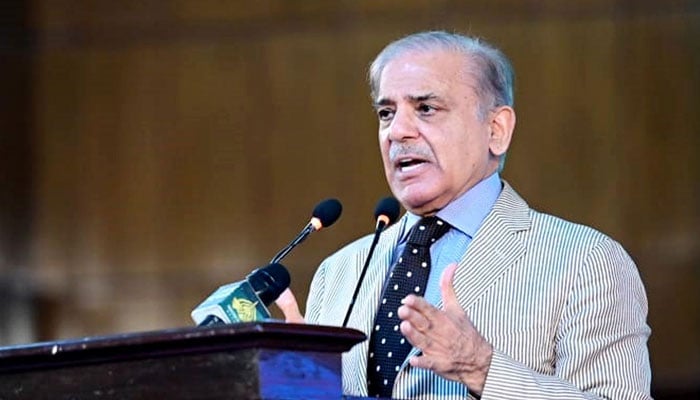 Prime Minister Shehbaz Sharif addresses the launching ceremony of the National Programme for Solarisation of Agricultural Tubewells in Islamabad on August 8, 2023. — PID