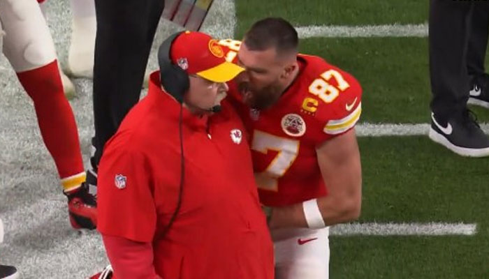 A screengrab of a video showing Kansas City Chiefs tight end Travis Kelce pushing head coach Andy Reid during first half of Super Bowl against the San Fransisco 49ers at the Allegiant Stadium in Las Vegas, Nevada, US on February 11, 2024. — X/@LakeShowYo