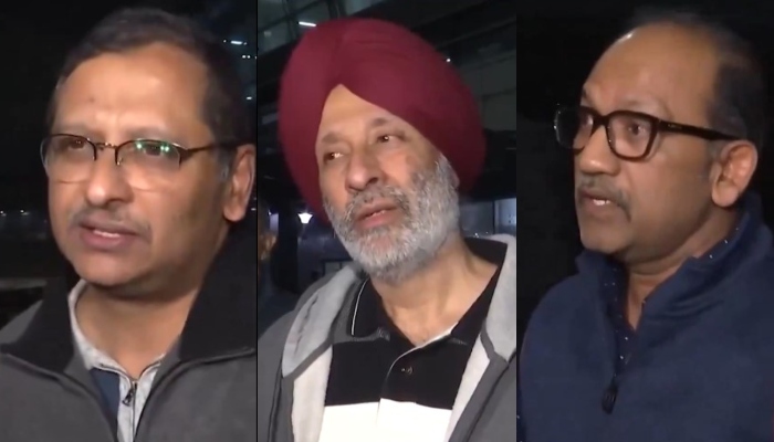 This combination of images shows three of seven of the eight former members of the Indian Navy speaking to the media after they reached India. — X/@_Yuvraj_Rathor