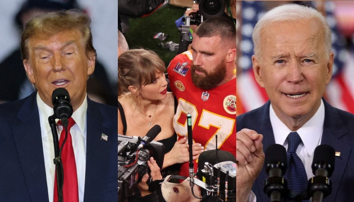 This combination of images shows ex-US president Donald Trump (left), pop star Taylor Swift with boyfriend and Kansas City Chiefs tight end Travis Kelce (centre), and current US President Joe Biden. — Reuters/Files