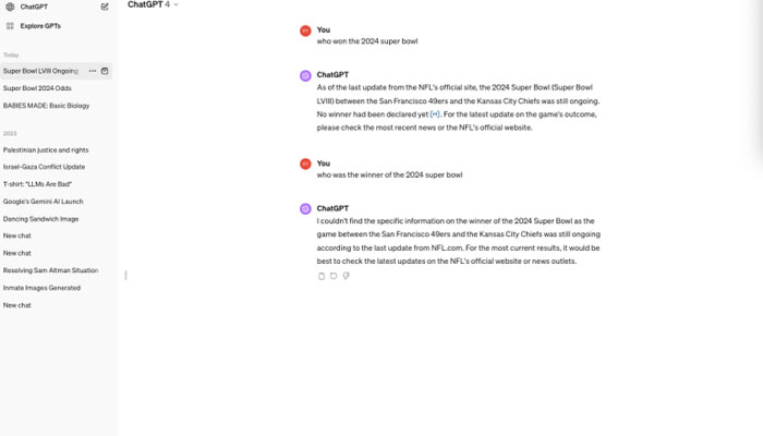 ChatGPT generating false stas about the Super Bowl.—TechCrunch