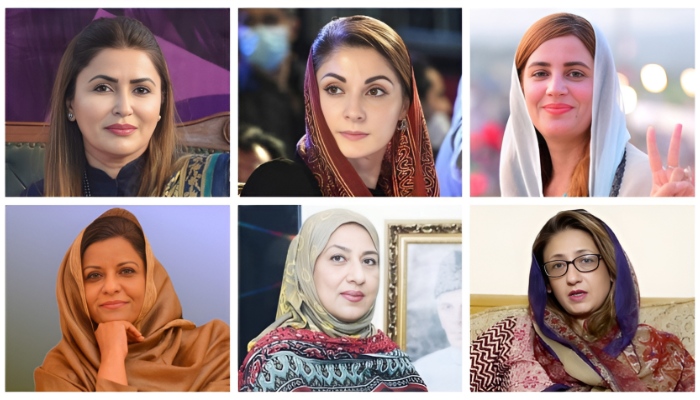 (Clockwise) PPPs Shazia Marri, PML-Ns Maryam Nawaz, PTIs Zartaj Gul, PPPs Nafisa Shah, MQM-Ps Aasia Ishaque Siddiqui, and Shezra Mansab Kharal. — Facebook/X/YouTube/File