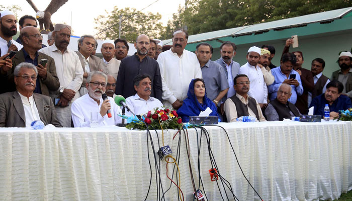 Grand Democratic Alliance chief Sibghatullah Shah Rashdi, Pir Pagara, addresses media persons during a press conference, at the residence of Pir Sadderuddin Shah Rashidi in Karachi on Monday, February 12, 2024. — PPI Images