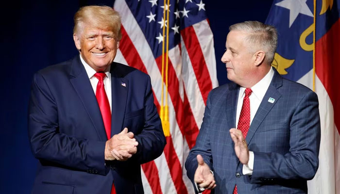 Former US president Donald Trump with North Carolina Republican Party chairman Michael Whatley in Greenville, North Carolina, US June 5, 2021. — Reuters