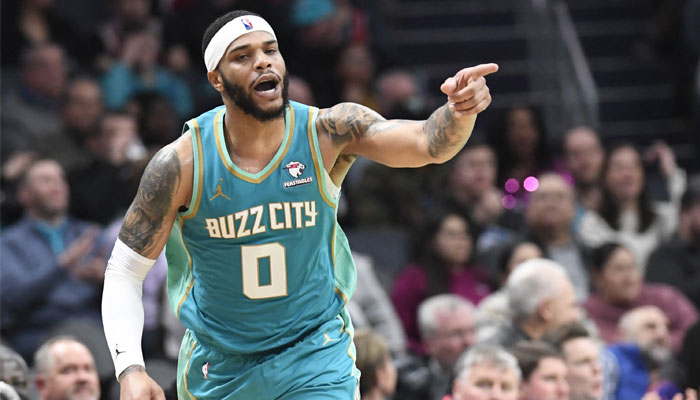 Charlotte Hornets forward Miles Bridges (0) reacts after scoring during the second half against the Chicago Bulls at the Spectrum Center in Charlotte, North Carolina, US on January 31, 2024. — Reuters