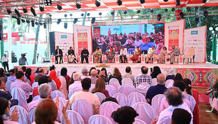 Panelists speak during the Karachi Literature Festival at the Beach Luxury Hotel in Karachi, Pakistan, on February 18, 2023. — KLF