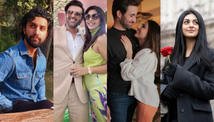 (From left to right) Picture collage of Pakistani celebrities, Ahad Raza Mir, Hassan Ahmed and Sunita Marshal, Hamza Amin and Ushna Shah, and Sarah Khan. — Instagram