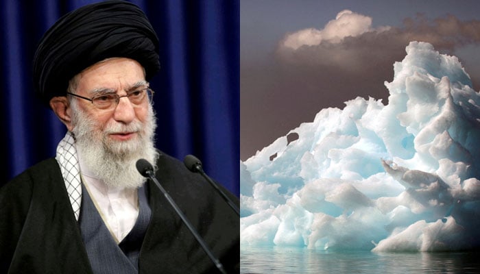 Iranian Supreme Leader Ayatollah Ali Khamenei delivers a televised speech in Tehran, Iran, on January 8, 2021 (left) and Icebergs float in a fjord near the south Greenland town of Narsaq on July 28, 2009 (right). Reuters
