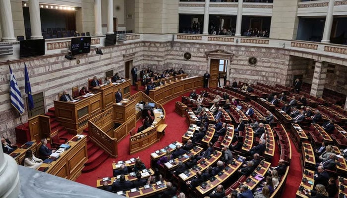 [9/9] Greek Prime Minister Kyriakos Mitsotakis speaks at the Greek parliament, ahead of a vote on a bill which would legalise same-sex civil marriage, in Athens, Greece, February 15, 2024. — REUTERS