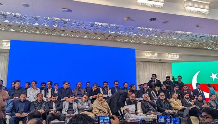 PTI leaders address a press conference in Islamabad, on February 16, 2023, in this still taken from a video. —PTI
