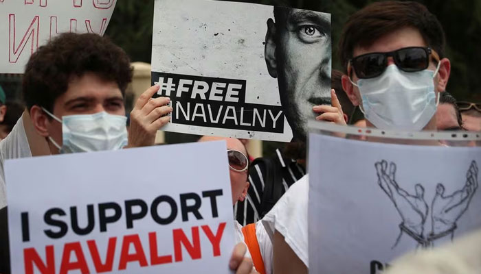 Activists hold a rally in support of jailed Russian opposition politician Alexei Navalny in front of the building of the Russian Federation Interests Section of the Embassy of Switzerland, in Tbilisi, Georgia June 4, 2023. —Reuters