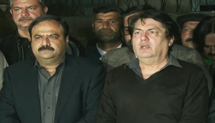 PTI leader Barrister Saif (right) speaking to journalists in this still taken from a video on February 16, 2024. — YouTube