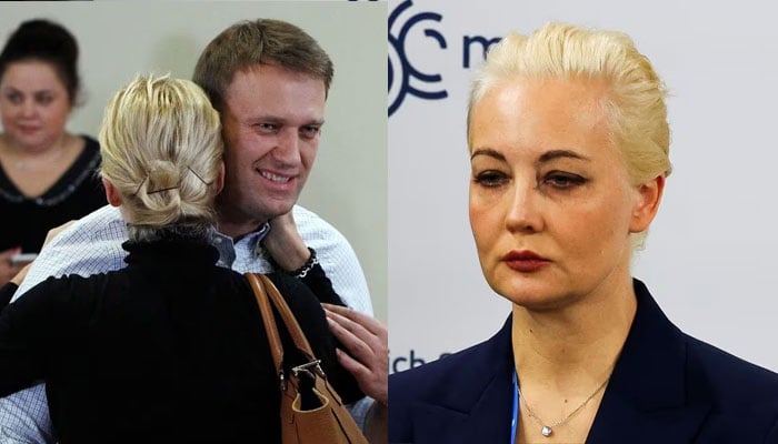 Russian opposition leader Alexei Navalny embraces his wife Yulia on October 16, 2013 (left) and Yulia Navalnaya attends the Munich Security Conference (MSC) in Munich, Germany on February 16, 2024. Reuters