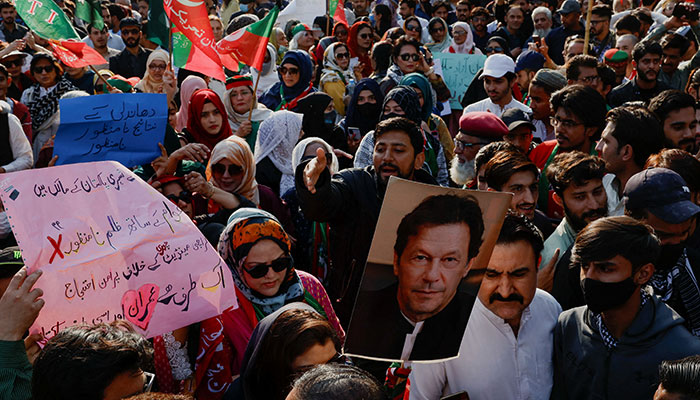 PTI supporters gather during a protest demanding free and fair results of the elections, outside the provincial election commission office in Karachi on February 11, 2024. — Reuters