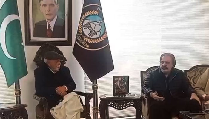 PTI leader Ali Amin Gandapur speaks while chairing a meeting of MPs-elect in Peshawar on February 16, 2024, in this still take from a video. — X/@@ikramkhatana75