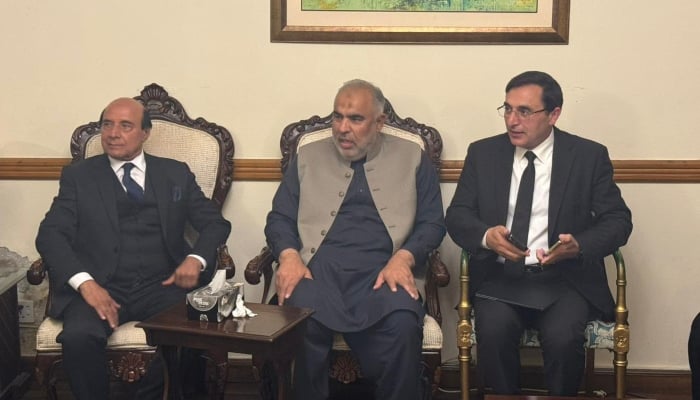 PTI Political Committee Head Asad Qaiser (C) is presiding over a PTI parliamentary meeting in Islamabad on February 15. —@AsadQaiserPTI/ X