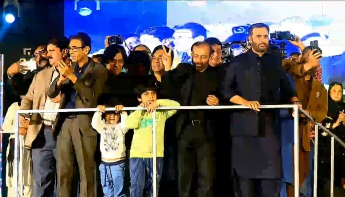 MQM-P leaders celebrating victory in general elections at Jinnah Ground in Karachi on February 11, 2024. —Screengrab/ MQM/ Facebook