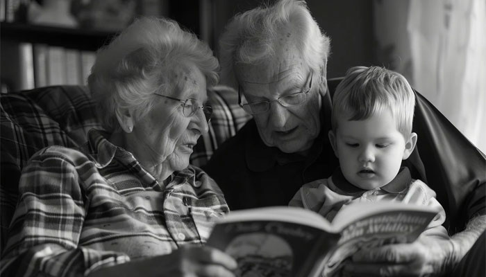 دادا دادی اپنے پوتے کو کتاب پڑھ رہے ہیں۔  - پکسابے۔