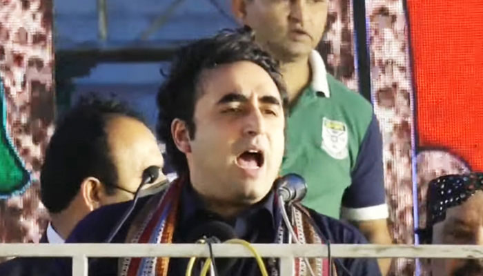 Pakistan Peoples Party Chairman Bilawal Bhutto-Zardari addresses the Youm-e-Tashakur rally in Thatta on February 18, 2024. — Geo News