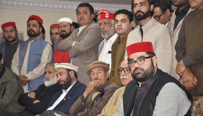 ANP leader Aimal Wali Khan addressing a press conference alongside other party leaders at the partys Bacha Khan Markaz in Peshawar. — X/@ANPMarkaz